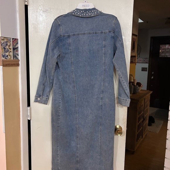 Denim Button-Front Midi Dress with Pearl Chain Detail - Light Blue - Picture 8 of 8